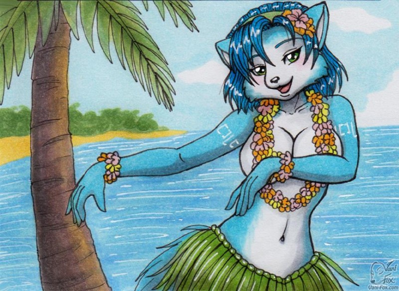 anthro beach big_breasts blue_body blue_fur blue_hair breasts clothed clothing convenient_censorship detailed_background female floral flower flower_garland fur garland grass_skirt green_eyes hair hula lei navel outside palm_tree plant sand seaside sky solo topless tree white_body white_fur vani-fox nintendo star_fox krystal_(star_fox) canid canine fox mammal