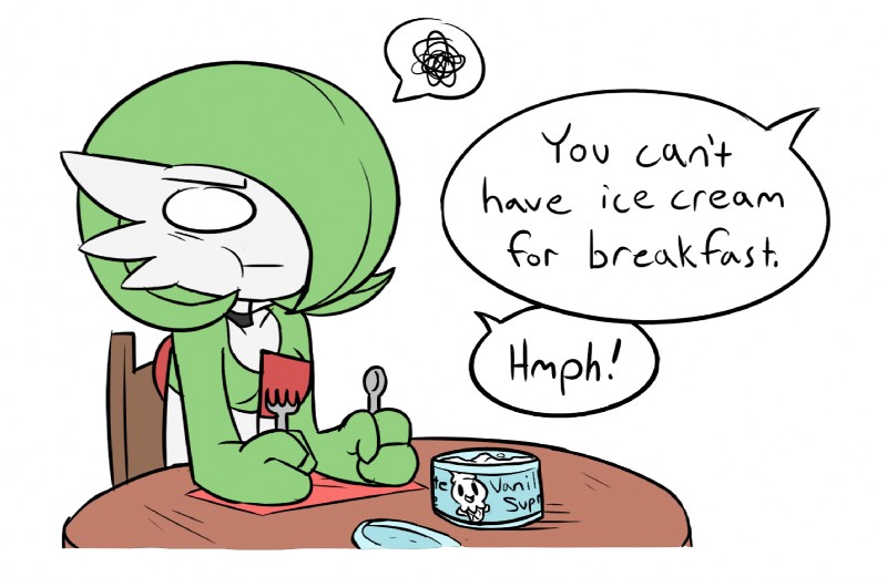 8t breasts chair collar cutlery dessert female food fork furniture green_hair hair holding_object holding_spoon ice_cream kitchen_utensils not_furry simple_background sitting solo spoon table text tools rakkuguy nintendo pokemon airalin gardevoir generation_3_pokemon generation_5_pokemon mammal pokemon_(species) vanillite english_text