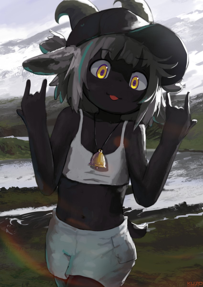 5_fingers :3 anthro baseball_cap bell_accessory bell_necklace biped black_body black_clothing black_fur black_hat black_headwear black_tail blep bottomwear clothed clothing crop_top day detailed_background female female_anthro fingers front_view fully_clothed fur gesture grass grey_ears grey_hair grey_horn grey_inner_ear hair hand_gesture hat headgear headwear horn humanoid_hands ily_sign jewelry kemono lake landscape looking_at_viewer midriff monotone_body monotone_fur monotone_hair monotone_tail mountain navel necklace outside pendant plant pupils purple_pupils scut_tail shirt short_hair short_tail shorts sky slim solo standing tail tank_top tongue tongue_out topwear water white_bottomwear white_clothing white_shirt white_shorts white_topwear yellow_eyes young young_anthro young_female actworks1970 bovid caprine goat mammal 2023 absurd_res colored digital_media_(artwork) hi_res portrait shaded three-quarter_portrait