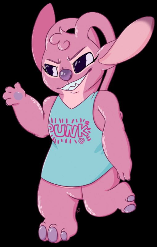 3_toes 4_fingers >:) antennae_(anatomy) bottomless claws clothed clothing eyelashes feet female fingers fur grin head_tuft heart_symbol pink_body pink_fur purple_claws purple_eyes purple_nose raised_arm raised_leg shirt simple_background smile solo tank_top toes topwear transparent_background tuft v-neck blushbaker disney lilo_and_stitch angel_(lilo_and_stitch) alien experiment_(lilo_and_stitch) 2017 alpha_channel hi_res signature