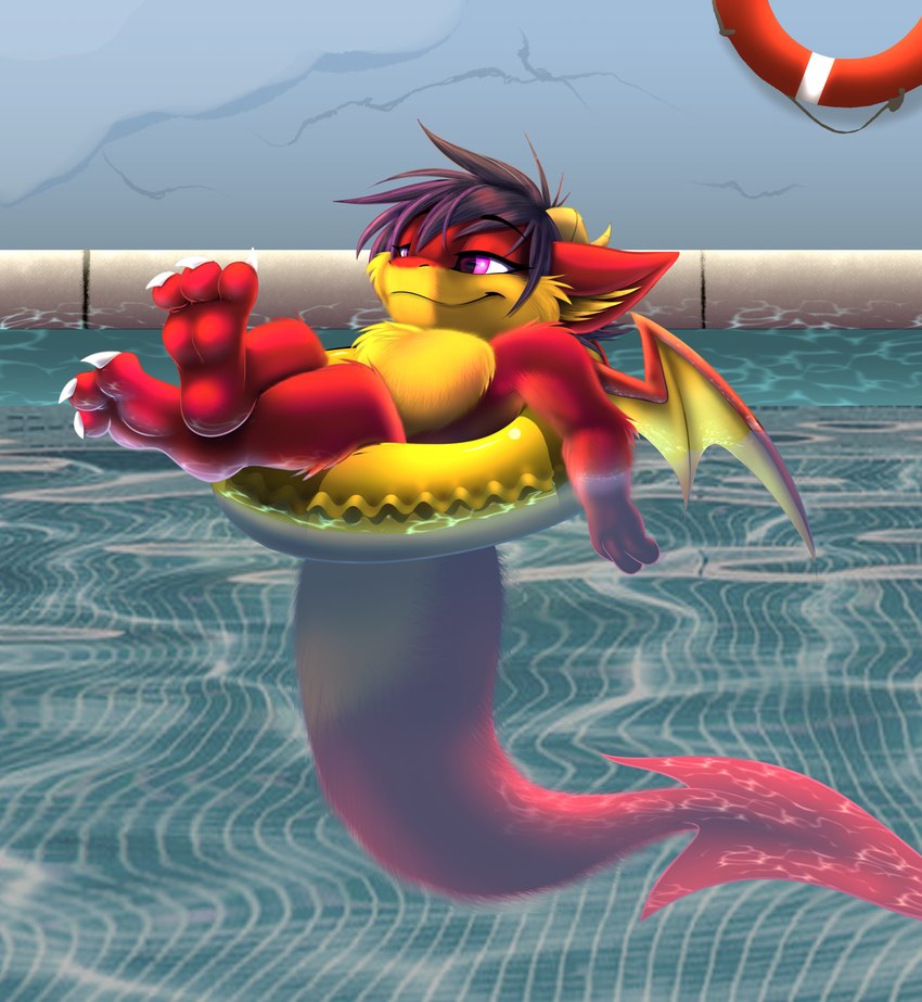 3_toes 4_fingers ambiguous_gender anthro bat_wings big_tail claws detailed_background feet female fingers flat_chested fur hair horn huge_tail inflatable inner_ear_fluff inner_tube inside life_preserver membrane_(anatomy) membranous_wings multicolored_body multicolored_fur pink_eyes pool_toy purple_hair relaxing short_stack solo spade_tail swimming_pool tail text toe_claws toes tuft two_tone_body two_tone_fur wings aquadragon35 generationslayer mythology tina_(generationslayer) dragon furred_dragon furred_scalie mythological_creature mythological_scalie scalie digital_media_(artwork) english_text hi_res female_(lore)