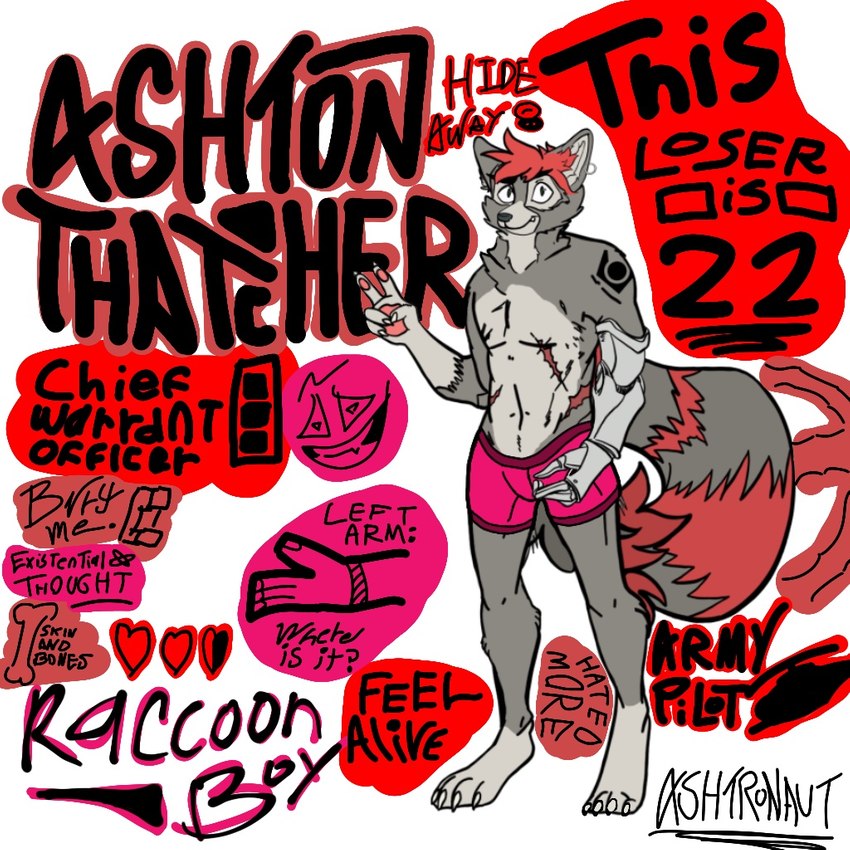 anthro army claws clothing ear_piercing fluffy fluffy_tail gesture hair hand_gesture male piercing pilot pink_clothing pink_underwear red_hair solo tail text underwear v_sign ashtronaut ashton_thatcher mammal procyonid raccoon 1:1 english_text sketch