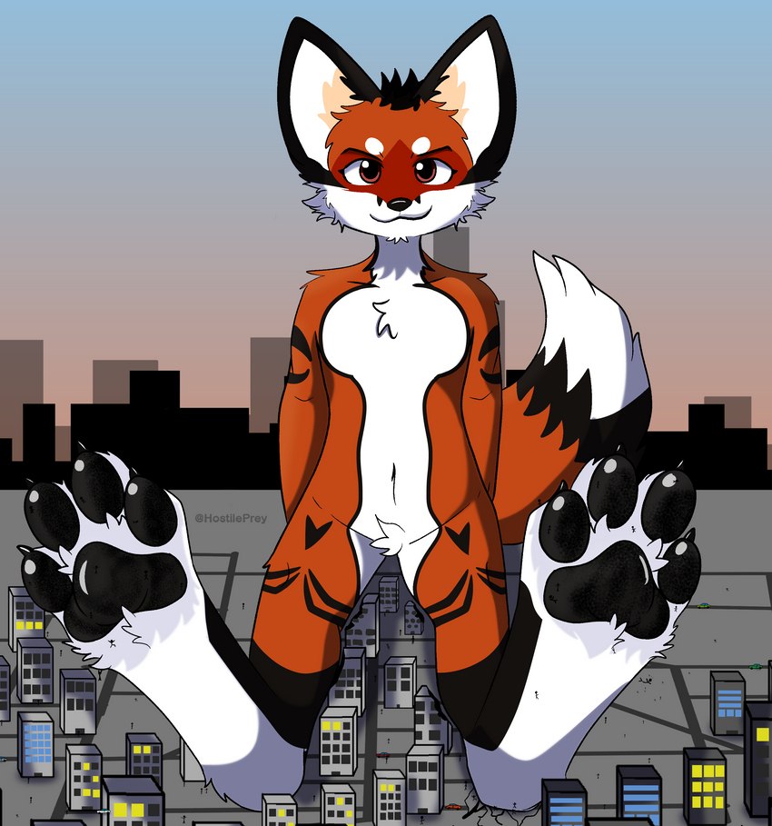 4_toes anthro barefoot black_claws black_hair black_pawpads building city claws crush crushed_micros destruction dominant duo extended_arms extreme_size_difference feet foot_focus fur fur_markings hair hindpaw larger_anthro male markings mass_crush micro multicolored_body multicolored_fur pawpads paws rampage red_body red_fur road sitting size_difference size_play smile smiling_at_viewer stepped_on stuck_to_foot toes underfoot underpaw vehicle kitsumuji_ceher redrick_(erickredfox) canid canine fox mammal red_fox true_fox absurd_res hi_res