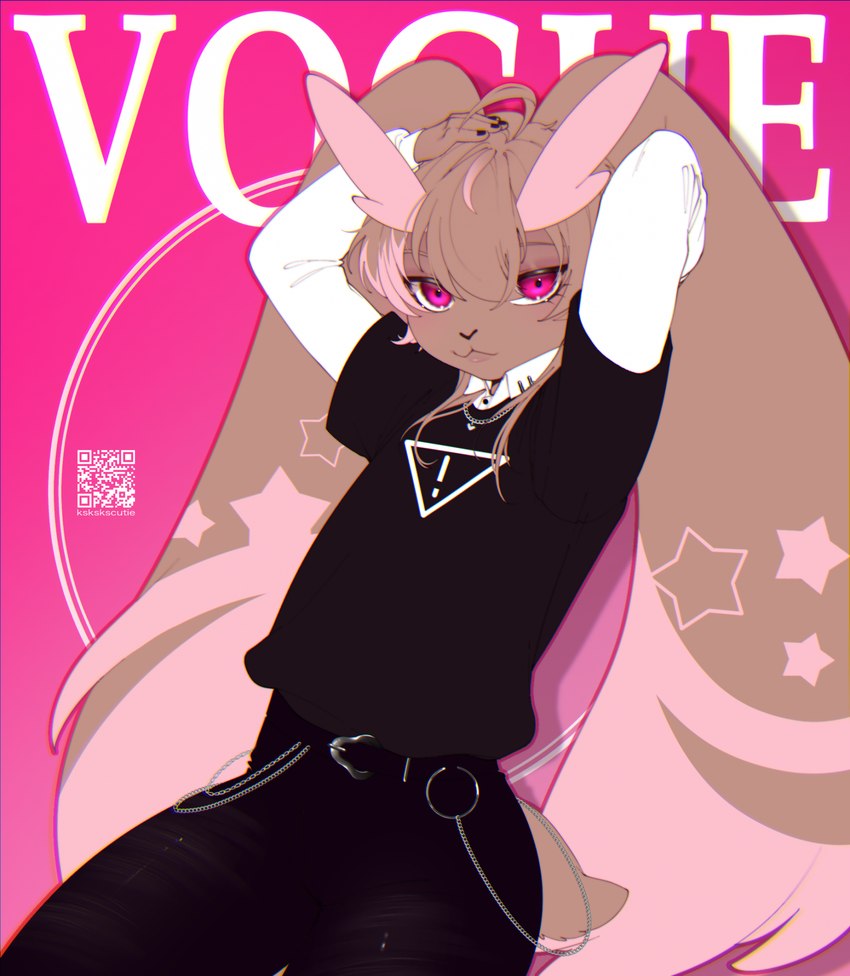 anthro big_ears black_bottomwear black_clothing black_pants black_topwear bottomwear brown_body brown_fur brown_hair chain clothed clothing femboy fur hair hand_behind_head hand_on_head looking_at_viewer male markings mouth_closed pants pink_background pink_eyes pink_hair pink_markings simple_background solo topwear white_clothing white_topwear sonyan nintendo pokemon generation_4_pokemon lopunny pokemon_(species) hi_res