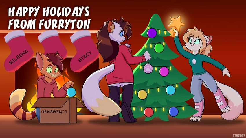 anthro christmas_decorations christmas_tree female group holidays male plant text tree trio ugly_sweater travis_the_dragon christmas john_rogers_(travis_the_dragon) mileena_smith_(travis_the_dragon) stacy_smith_(travis_the_dragon) domestic_cat felid feline felis mammal 16:9 4k absurd_res english_text hi_res widescreen