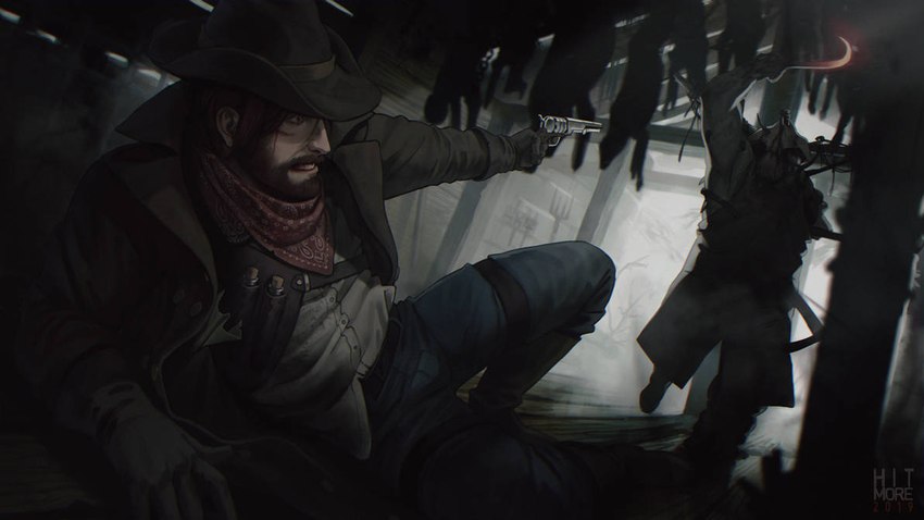 blood bodily_fluids clothing colt_open_top cowboy_hat duo facial_hair gun gunpoint handgun hat headgear headwear holding_object holding_ranged_weapon holding_weapon hook horror_(theme) male melee_weapon on_ground one_arm ranged_weapon revolver running scar single_action weapon wild_west hitmore hunt_showdown human mammal monster