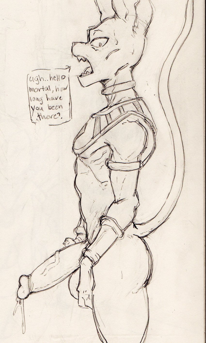 anthro balls big_balls big_penis bodily_fluids butt dialogue erection genital_fluids genitals hairless humanoid_genitalia humanoid_penis male open_mouth penis side_view simple_background solo teeth text vein veiny_penis cyancoyote dragon_ball dragon_ball_super beerus domestic_cat felid feline felis hairless_cat mammal sphynx_(cat) 2021 english_text hi_res