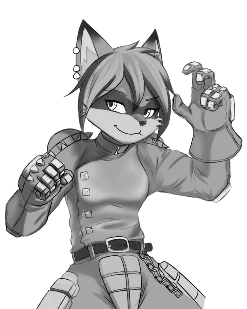 anthro belt chain clothed clothing cosplay crotch_plate ear_piercing female fist gloves hair handwear looking_aside looking_away piercing shoulder_pads simple_background smile smirk solo standing white_background vecnarvi capcom rival_schools akira_kazama mammal procyonid raccoon 4:5 digital_media_(artwork) hi_res monochrome sketch