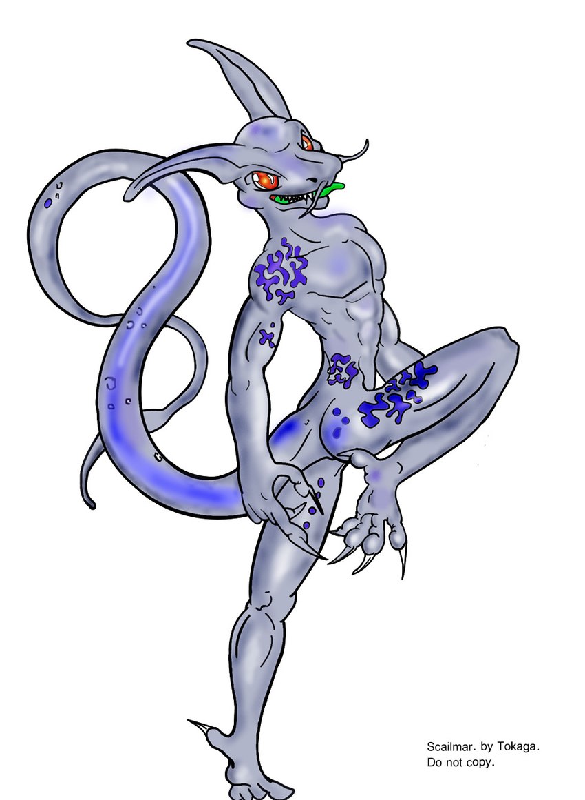 anthro biped blue_body butt claws green_tongue long_ears long_tail looking_at_viewer male nude on_one_leg orange_eyes pose simple_background solo standing tail tongue white_background tokaga lizard reptile scalie hi_res