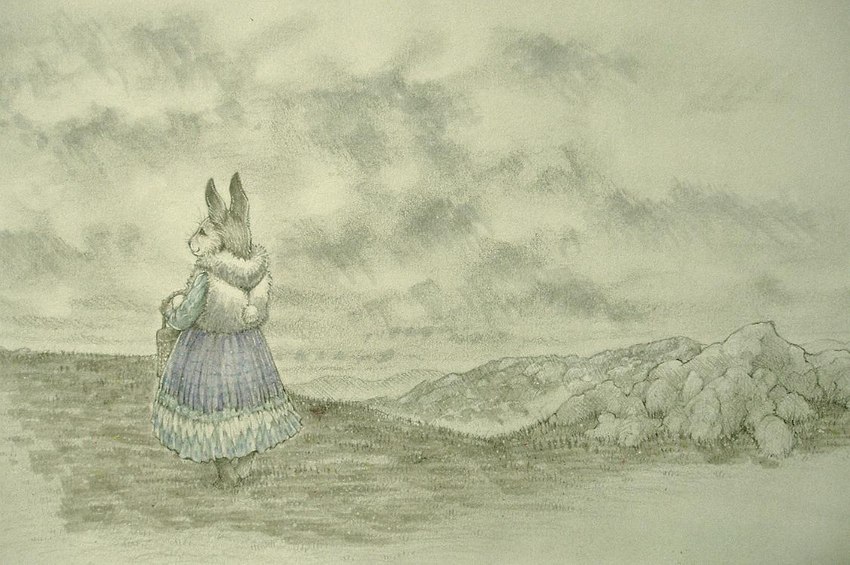 anthro barefoot basket biped black_nose clothed clothing container detailed_background feet female outside smile solo standing louvelex lagomorph leporid mammal rabbit 2006 traditional_media_(artwork)