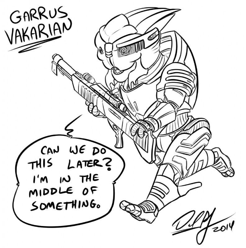 anthro armor calibrations chibi male solo text weapon baikobits bioware electronic_arts mass_effect garrus_vakarian alien turian 2014 black_and_white english_text hi_res monochrome