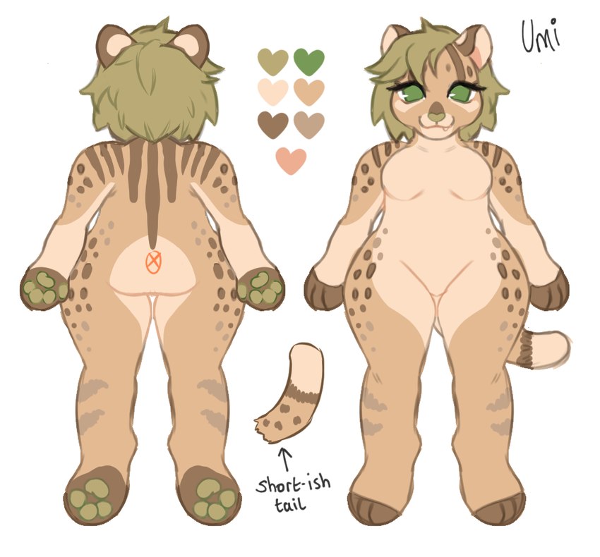 anthro countershading female fur green_eyes green_hair green_pawpads hair heart_symbol pawpads sharp_teeth smile solo striped_body striped_fur stripes tail teeth uumi umi_(uuminyan) domestic_cat felid feline felis fishing_cat mammal prionailurus 2019 digital_drawing_(artwork) digital_media_(artwork) model_sheet