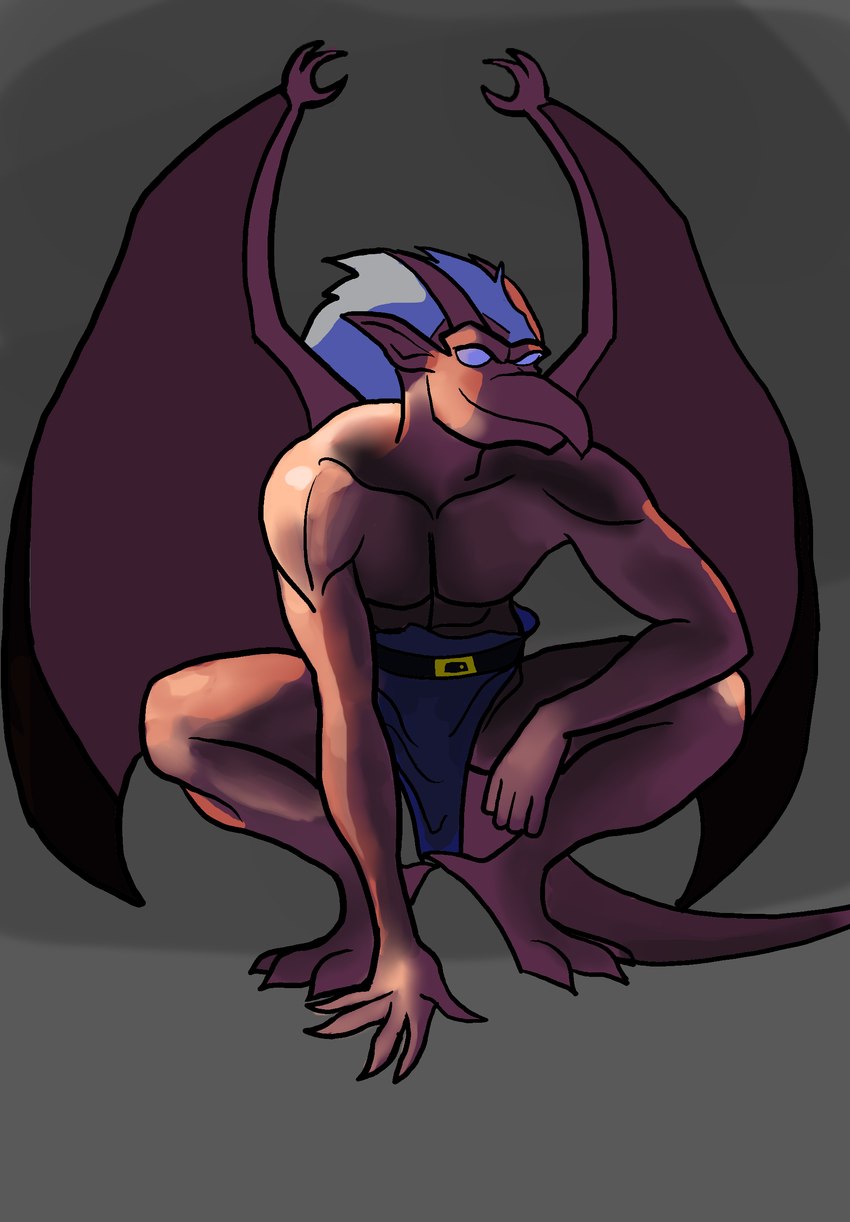 anthro bottomwear clothing crouching hair loincloth male simple_background solo tail wings domyn disney gargoyles brooklyn_(gargoyles) gargoyle absurd_res hi_res