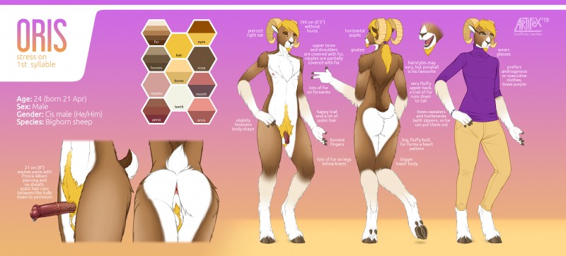 5_fingers amber_eyes animal_genitalia animal_penis anthro anus areola arm_tuft balls beard belly big_butt biped bisexual_pride_colors blonde_hair blonde_pubes body_hair bottomwear bovid_horn bracelet brown_body brown_fur brown_hooves brown_nose brown_penis butt butt_heart caprine_horn cheek_tuft chest_tuft clothed clothing cloven_hooves color_swatch denim denim_bottomwear denim_clothing dewclaw_hooves ear_piercing elbow_tuft equine_genitalia equine_penis erection eyebrows eyelashes eyewear facial_hair facial_tuft fingers flaccid fluffy fully_clothed fur genital_piercing genitals goatee hair happy_trail hoof_hands hooved_fingers hooves horn humanoid_hands jeans jewelry leg_tuft lgbt_pride looking_at_viewer male medial_ring multicolored_body multicolored_fur multicolored_tail navel nipples nude open_mouth open_smile pants penis penis_piercing perineum piercing pink_anus pink_areola pink_nipples pink_tongue pride_color_accessory pride_colors prince_albert_piercing pubes purple_clothing purple_sweater purple_topwear ram_horn short_hair shoulder_tuft simple_background smile solo standing sweater tail tan_bottomwear tan_clothing tan_horn teeth text tongue topwear tuft turtleneck two_tone_body two_tone_fur underhoof unguligrade vein veiny_penis white_balls white_belly white_body white_fur white_tail m_artifex oris_(m_artifex) bighorn_sheep bovid caprine mammal sheep 2019 absurd_res digital_drawing_(artwork) digital_media_(artwork) english_text hi_res model_sheet