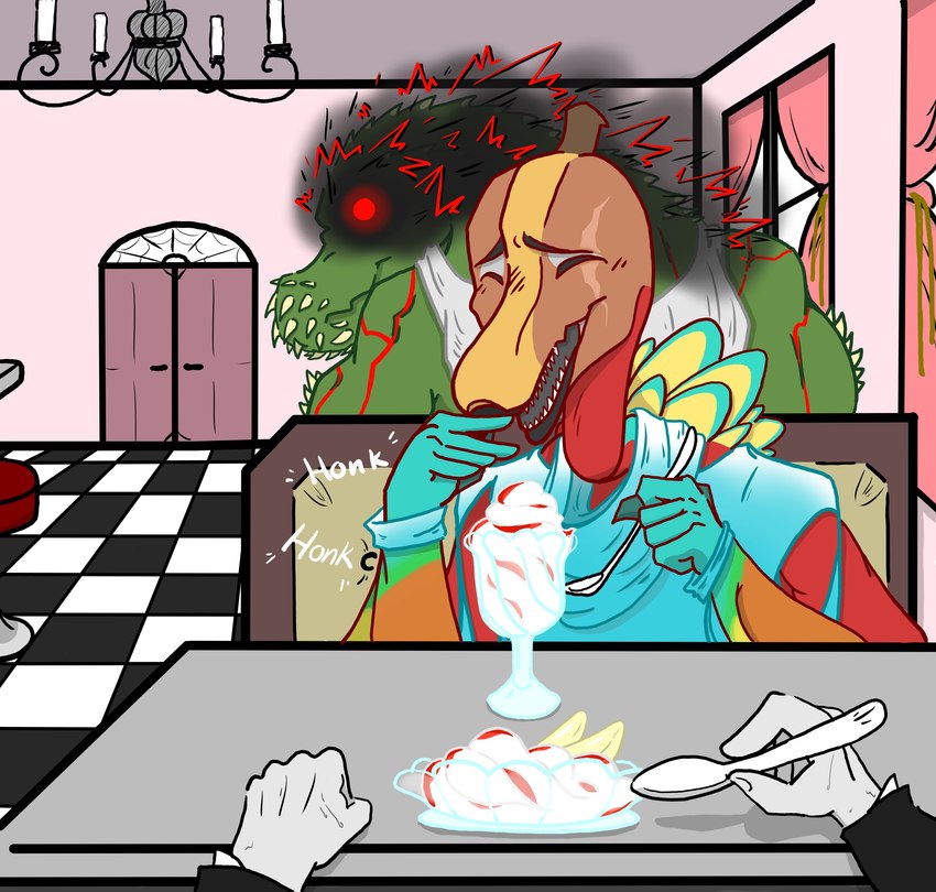 ambiguous_gender anthro banana beak black_smoke blue_body blue_clothing blue_dress blue_feathers blue_scales bodily_fluids booth_seating brown_body brown_skin chandelier checkered checkered_floor clothing countertop curtains cutlery date dessert dress eyeshadow faceless_character feathers first_person_view food fruit furniture glowing glowing_eyes green_body green_scales group honk ice_cream kitchen_utensils laugh looking_at_viewer looking_back looking_back_at_viewer makeup male male/male orange_body orange_scales plant red_body red_electricity red_feathers red_scales scales scar sharp_teeth shirt smoke spoon stool suit sweat tan_body tan_skin tank_top teeth tools topwear trio wall_(structure) window yellow_body yellow_feathers crimsontyd capcom monster_hunter bird_wyvern brute_wyvern crimson_qurupeco deviljho human mammal qurupeco savage_deviljho absurd_res hi_res