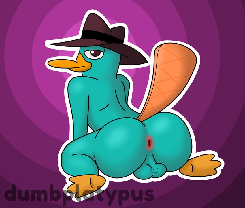 anthro backsack balls big_butt brown_eyes butt fur genitals huge_butt looking_at_viewer looking_back male rear_view solo tail teal_body teal_fur dumbplatypus disney phineas_and_ferb perry_the_platypus mammal monotreme platypus digital_drawing_(artwork) digital_media_(artwork) hi_res shaded