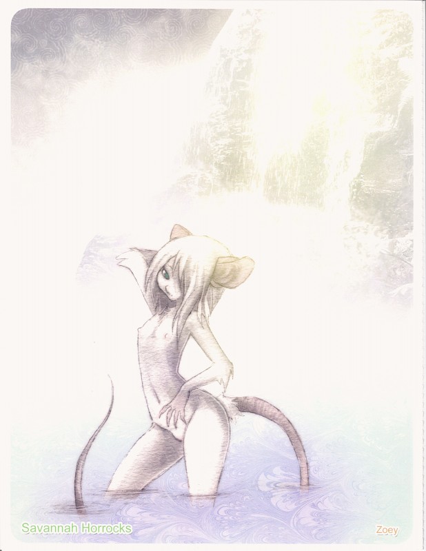 anthro breasts claws female fur green_eyes hair hair_over_eye looking_at_viewer nipples nude one_eye_obstructed pose slim small_breasts solo tail water white_body white_fur white_hair savannah_horrocks zoey_(miu) mammal mouse murid murine rat rodent absurd_res hi_res