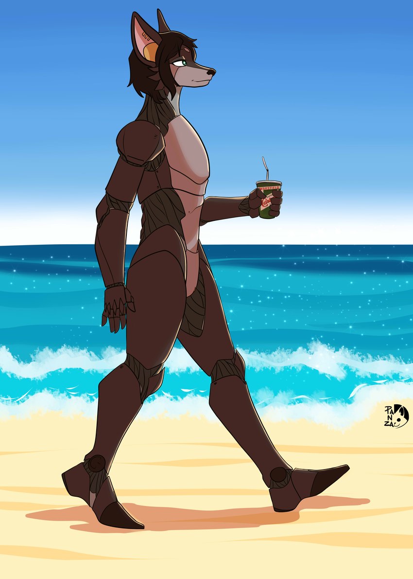 andromorph anthro beach black_hair brown_body casual_nudity clitoris cybernetic_arm cybernetic_leg cybernetic_limb cybernetics detailed_background fur genitals green_eyes hair intersex machine nude oil pussy relaxed_expression relaxing robotic sea smile smirk solo tan_body tan_fur transhumanism water panza frashsa android canid canine canis cyborg fox mammal robot robot_anthro wolf absurd_res hi_res