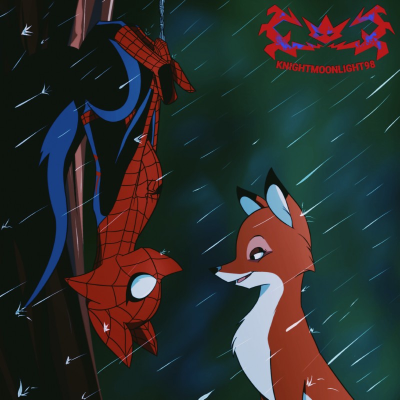 arthropod_webbing canon_couple detailed_background duo female feral forest fur imminent_kiss male male/female night open_mouth outside parody plant raining smile tree upside_down knightmoonlight98 disney marvel spider-man_(series) the_fox_and_the_hound spider-man_(character) tod_(tfath) vixey_(tfath) canid canine fox mammal red_fox true_fox 1:1 2019 digital_media_(artwork) hi_res