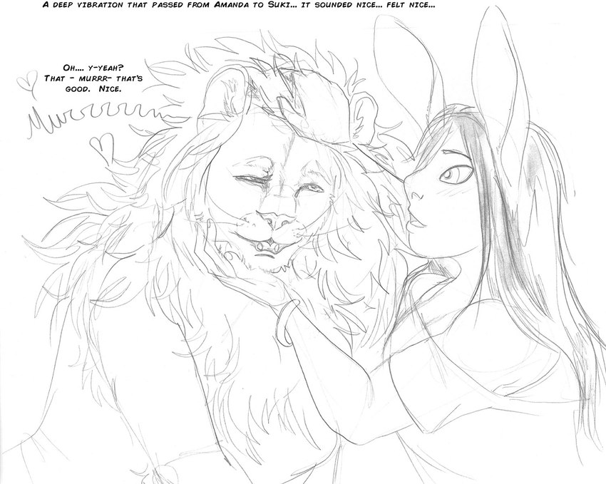 anthro blush breasts clothed clothing duo female mane open_mouth rabbit_ears text whiskers arania the_cabin_in_the_woods_(arania) amanda_(tcitw) suki_(tcitw) animal_humanoid felid humanoid lagomorph lagomorph_humanoid leporid_humanoid lion mammal mammal_humanoid pantherine rabbit_humanoid comic english_text greyscale hi_res monochrome herm_(lore)