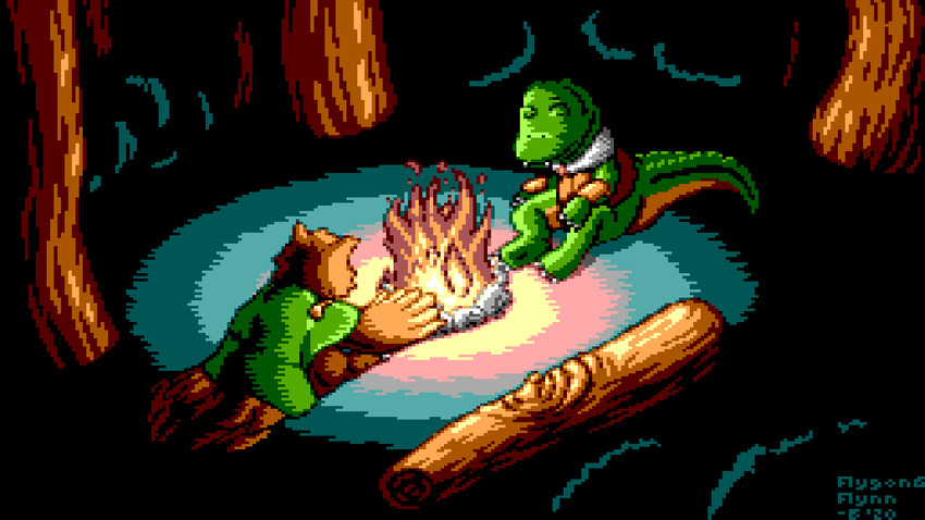 ambiguous_gender anthro camp campfire duo fire forest log plant tree wood blckflyn flygon_(artist) avian bird crocodile crocodilian owl reptile scalie 16:9 digital_media_(artwork) pixel_(artwork) widescreen