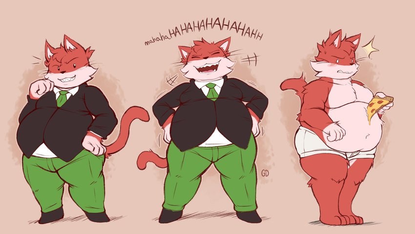 anthro belly big_belly bottomwear clothing food laugh male necktie overweight overweight_anthro overweight_male pants pizza pizza_slice shirt solo topwear underwear geekydaves mappy goro_(mappy) domestic_cat felid feline felis mammal 2024 absurd_res hi_res