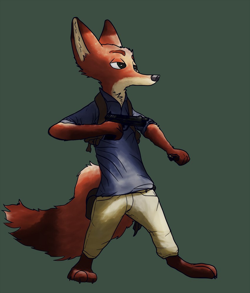 anthro backpack blue_clothing clothing ears_up green_background gun male pointing_gun ranged_weapon simple_background solo standing weapon famished_(artist) disney naughty_dog sony_corporation sony_interactive_entertainment uncharted zootopia nick_wilde canid canine fox mammal red_fox true_fox hi_res