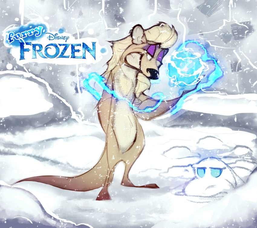 black_snout blonde_hair energy_ball female feral grin hair looking_at_another parody purple_eyelids smile snow snowman solo text marcie_montis disney frozen_(disney) elsa_(frozen) ambiguous_species mammal mink mustelid musteline true_musteline