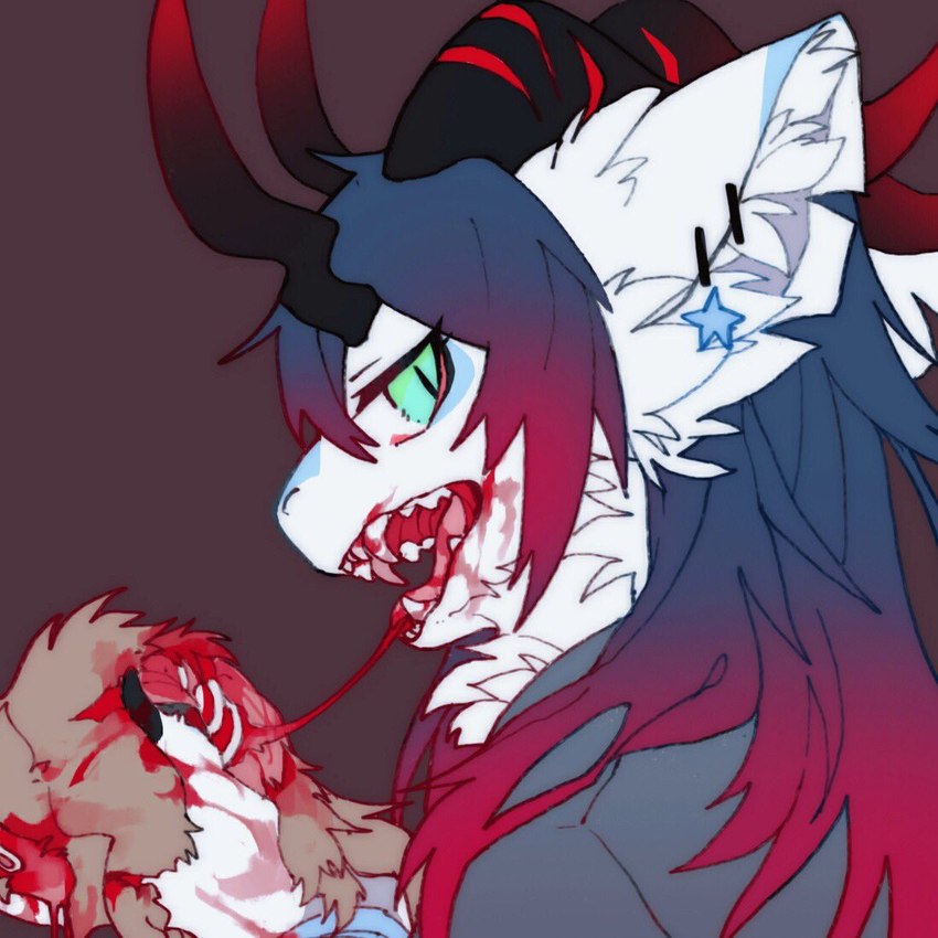 anthro blood blood_string blue_hair bodily_fluids claws ear_piercing ear_ring fangs food fur gore green_eyes hair horn inner_ear_fluff meat neck_tuft pawpads piercing pupils rib_cage ring_piercing simple_background slit_pupils solo teeth tuft white_body white_fur depravedstar mythology dragon mythological_creature mythological_scalie scalie prey_(disambiguation) 1:1