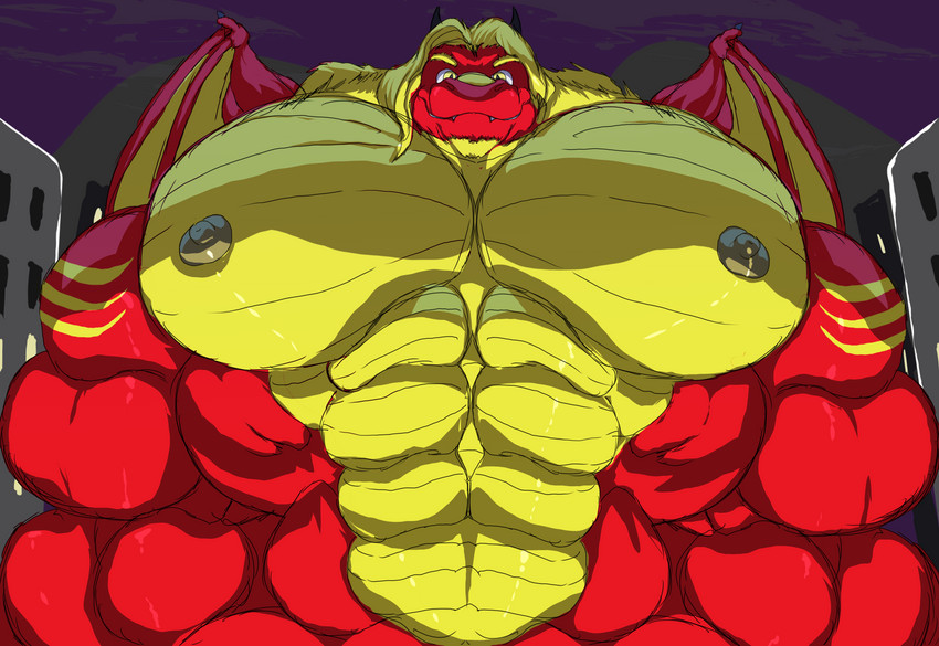 abs anthro big_muscles big_pecs blonde_hair fangs grey_nipples hair horn huge_muscles huge_pecs hyper hyper_muscles looking_at_viewer male muscular muscular_anthro muscular_male night nipples nude pecs sky smile solo teeth town wings yellow_eyes panscolipede european_mythology mythology dragonfire_(character) dragon mythological_creature mythological_scalie scalie western_dragon 2020 hi_res