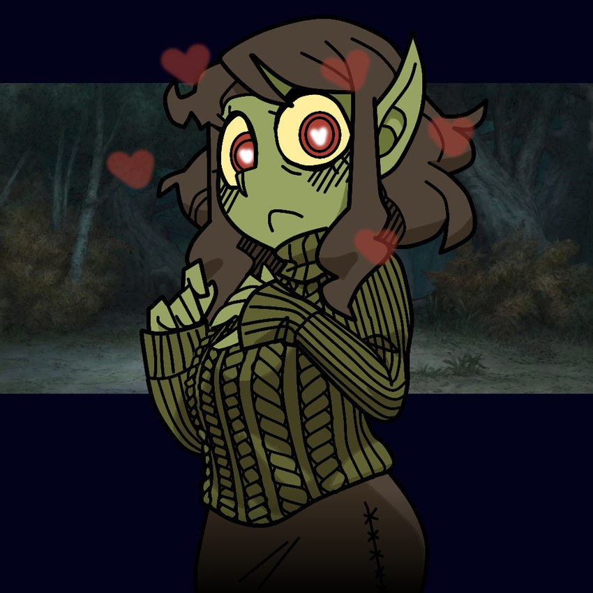 clothing female green_body green_skin heart_eyes heart_symbol long_ears looking_at_viewer parody_character red_eyes solo sweater topwear bunny75 helltaker modeus_(helltaker) goblin humanoid 1:1 traced