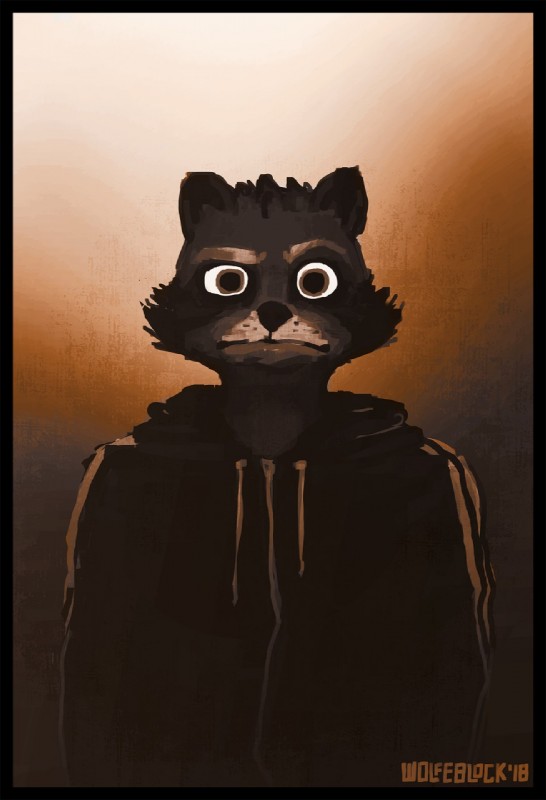 anthro black_border black_nose border brown_body brown_eyes brown_fur clothed clothing eyebrows fur hoodie looking_at_viewer male potrait raised_eyebrow shirt solo tan_eyebrows topwear wolfeblock mammal procyonid raccoon 2018 hi_res portrait