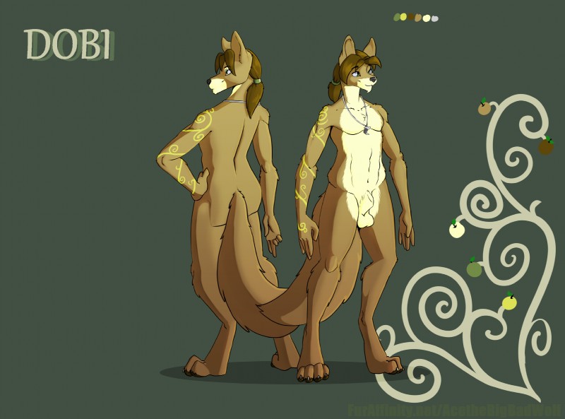 abs animal_genitalia anthro bangs biped butt casual_nudity digitigrade fully_sheathed genitals green_eyes hair jewelry male markings necklace nude ponytail sheath simple_background smile solo standing acethebigbadwolf dobi canid canine canis mammal wolf hi_res model_sheet