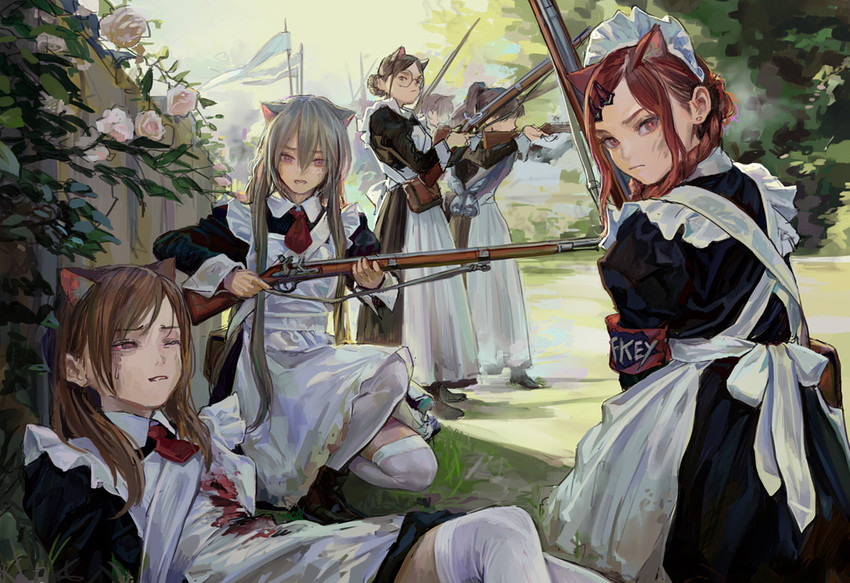 animal_ears annoyed apron banner battle black_clothing black_dress blood blood_on_belly blush bodily_fluids braided_hair breasts clothed clothing day detailed_background dress ear_piercing eyes_closed eyewear female flower fully_clothed glasses glistening glistening_eyes grass grey_hair group gun hair hair_bun holding_gun holding_object holding_ranged_weapon holding_rifle holding_weapon legwear light long_hair looking_at_viewer maid_uniform multicolored_clothing multicolored_dress musket open_mouth outside piercing pigtails plant pointy_ears prick_ears ranged_weapon rifle rose_(flower) shadow shooting shrub sitting sky standing stockings straight_hair sunlight tree uniform weapon white_apron white_clothing white_dress wounded fkey animal_humanoid cat_humanoid felid felid_humanoid feline feline_humanoid humanoid mammal mammal_humanoid 2019