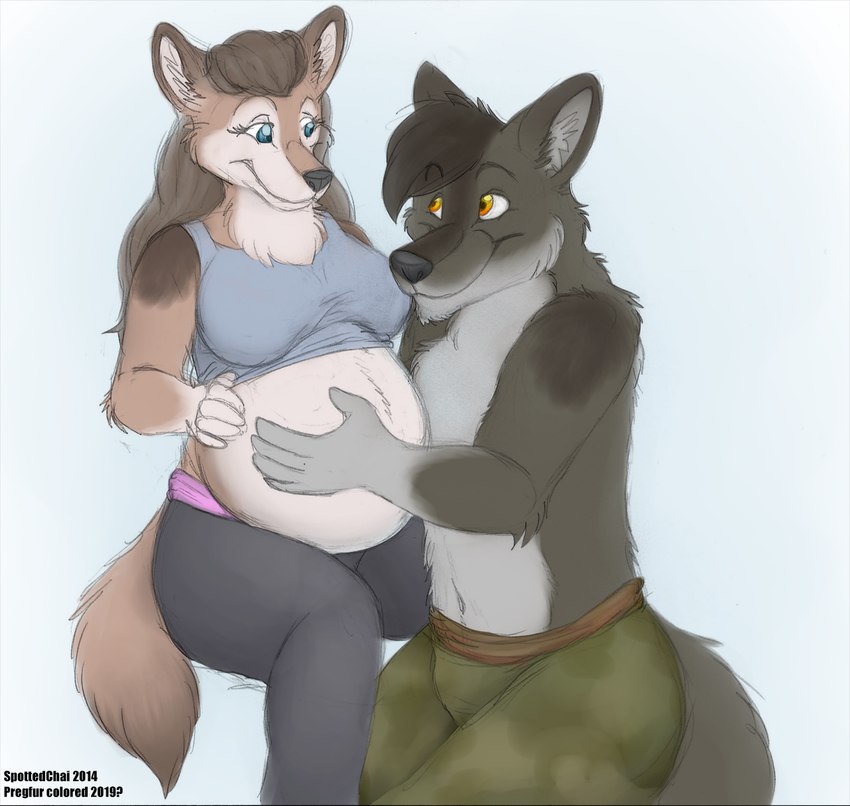 5_fingers anthro anthro_on_anthro belly big_belly black_hair black_nose blue_eyes bottomwear breasts brown_body brown_fur brown_hair claws clothed clothed_anthro clothed_female clothed_male clothing daww duo female fingers fur green_eyes grey_body grey_fur hair hand_on_belly humanoid_hands husband_and_wife inner_ear_fluff intraspecies male male/female married_couple navel pregnant pregnant_anthro pregnant_female shirt shorts sitting smile speech_bubble tank_top teeth text topless topless_anthro topless_male topwear tuft geckoguy123456789 spottedchai jennifer_(geckoguy123456789) logan_(geckoguy123456789) canid canine canis mammal wolf 2025 hi_res signature