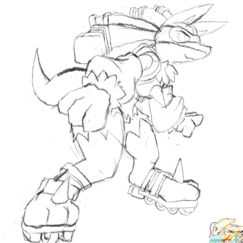 alternate_form backpack chest_tuft cyberpunk eyewear female feral fur furry_specific_accessory inline_skates roller_skates simple_background skater sketchy solo spikes spikes_(anatomy) tuft white_background zancuno nintendo pokemon generation_4_pokemon lucario pokemon_(species) 1:1 hi_res signature