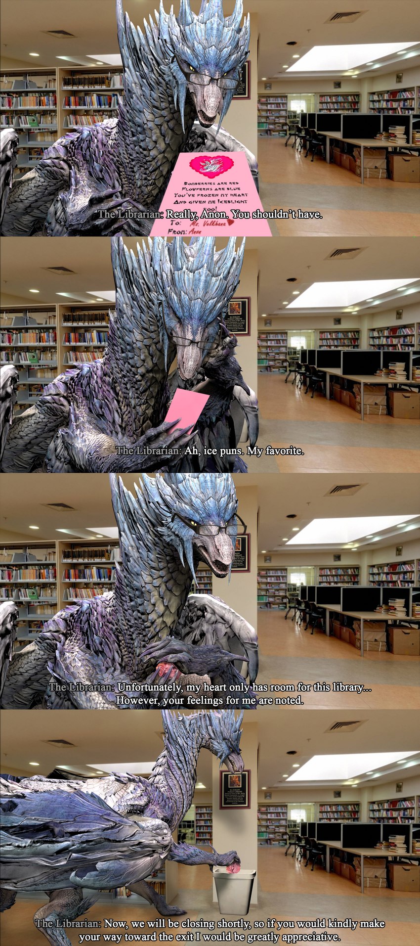 book detailed_background dialogue eyewear female feral glasses horn inside library looking_at_viewer offscreen_character rejection scales talking_feral talking_to_viewer text white_body wings yellow_eyes library_velk_anon capcom monster_hunter mythology dragon elder_dragon mythological_creature mythological_scalie scalie velkhana 3d_(artwork) absurd_res comic digital_media_(artwork) english_text hi_res subtitled