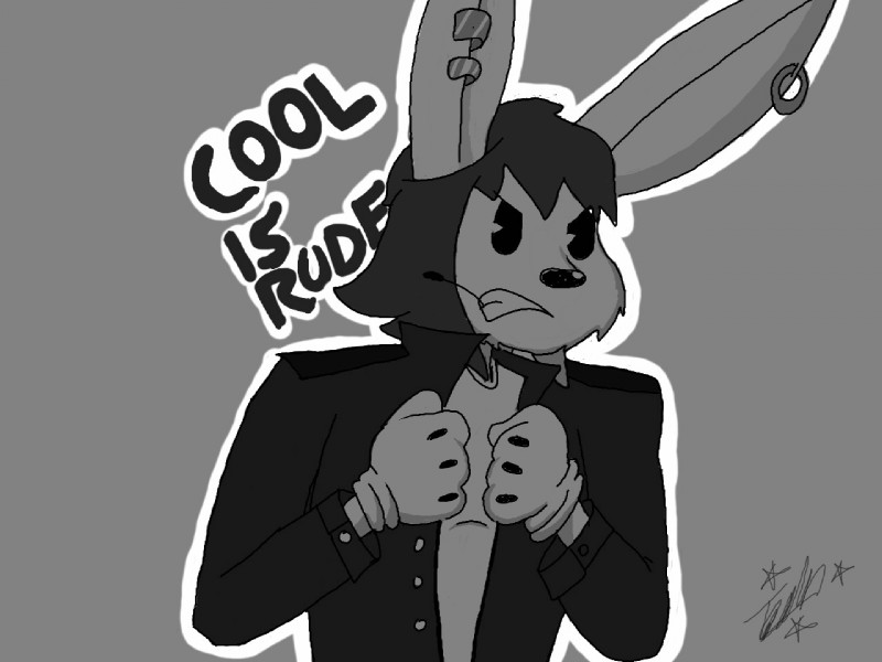 black_eyes clothing d:< ear_piercing ear_ring fleischer_style_toon gloves grin handwear jacket long_ears male piercing ring_piercing smile solo toony topwear axitheboyrabbid james_flynn lagomorph leporid mammal rabbit 2015 4:3 half-length_portrait monochrome portrait