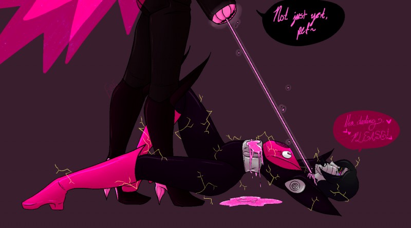 armless black_hair clothed clothing dialogue duo femboy hair heart_symbol lying machine male male/male not_furry on_back open_mouth purple_background selfcest simple_background speech_bubble square_crossover standing text unknown_artist undertale undertale_(series) mettaton mettaton_ex mettaton_neo humanoid robot digital_media_(artwork) english_text hi_res