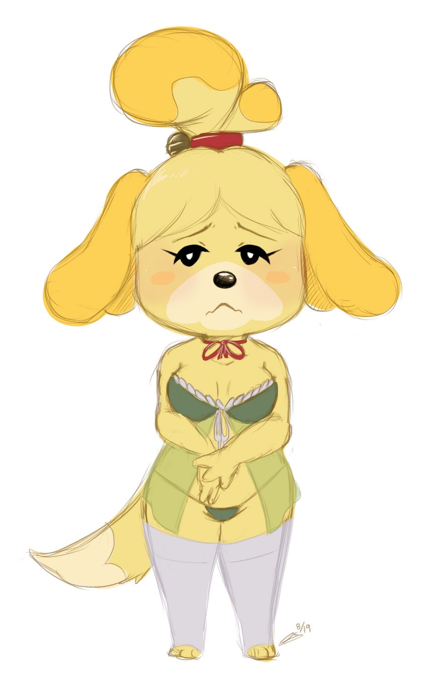 anthro bell blush breasts clothed clothing dipstick_tail female fur hair legwear looking_at_viewer markings panties simple_background solo standing tail tail_markings underwear white_background yellow_body yellow_fur bluechika animal_crossing nintendo isabelle_(animal_crossing) canid canine canis domestic_dog mammal shih_tzu toy_dog 2019 dated hi_res