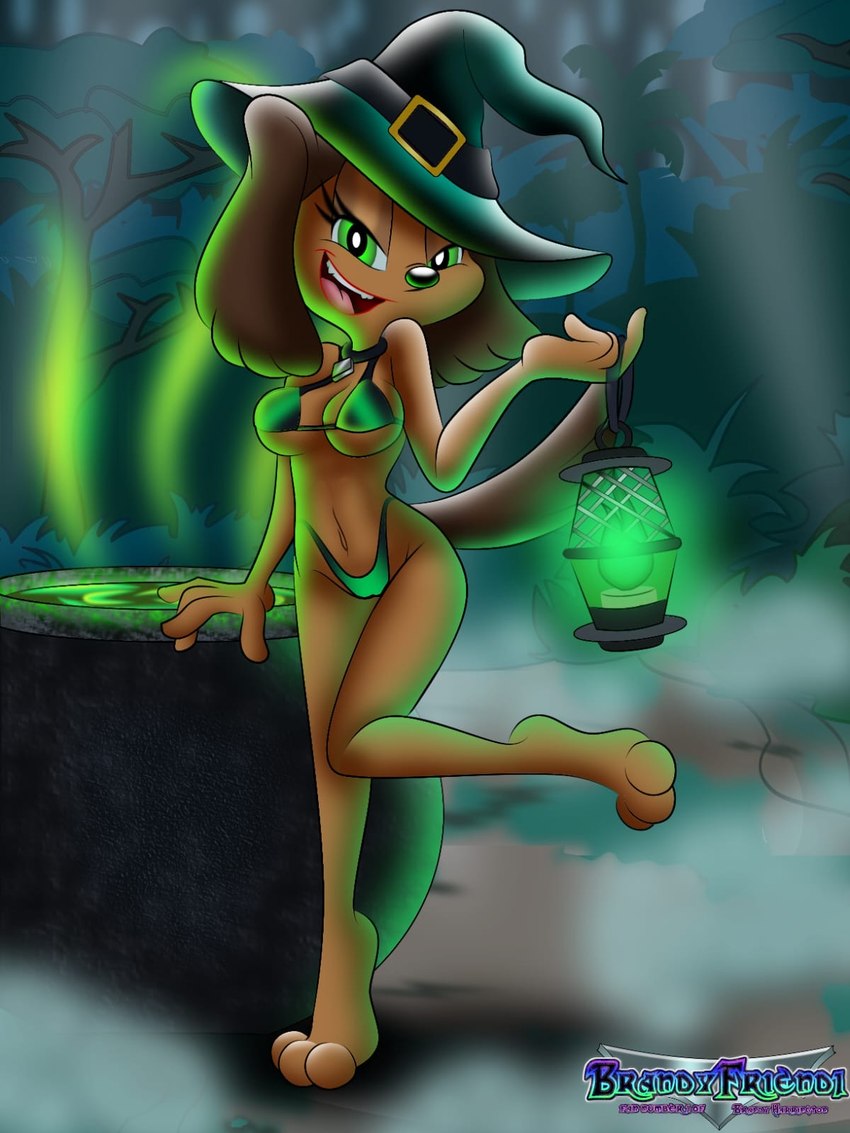 3_toes 4_fingers anthro barefoot bikini cauldron clothing eyelashes feet female fingers green_eyes hat headgear headwear holding_lantern holding_object holidays lamp lantern open_mouth open_smile outside paws smile solo swimwear toes two-piece_swimsuit witch_hat brandyfriend1 brandy_and_mr._whiskers disney halloween tiffany_turlington canid canine canis domestic_dog mammal 3:4 hi_res