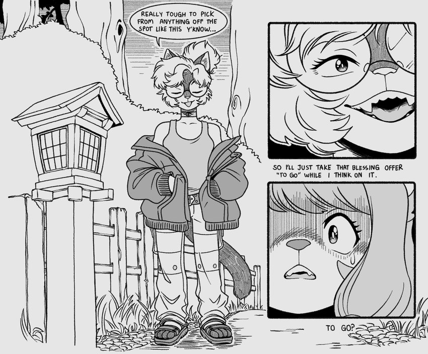 anthro clothing dialogue eyewear fangs footwear glasses hair hand_in_pocket jacket pockets sandals shirt shoes tank_top teeth text tied_hair topwear emmacat64 kitkat_(emmacat64) domestic_cat felid feline felis fox_spirit mammal 2024 comic english_text greyscale monochrome