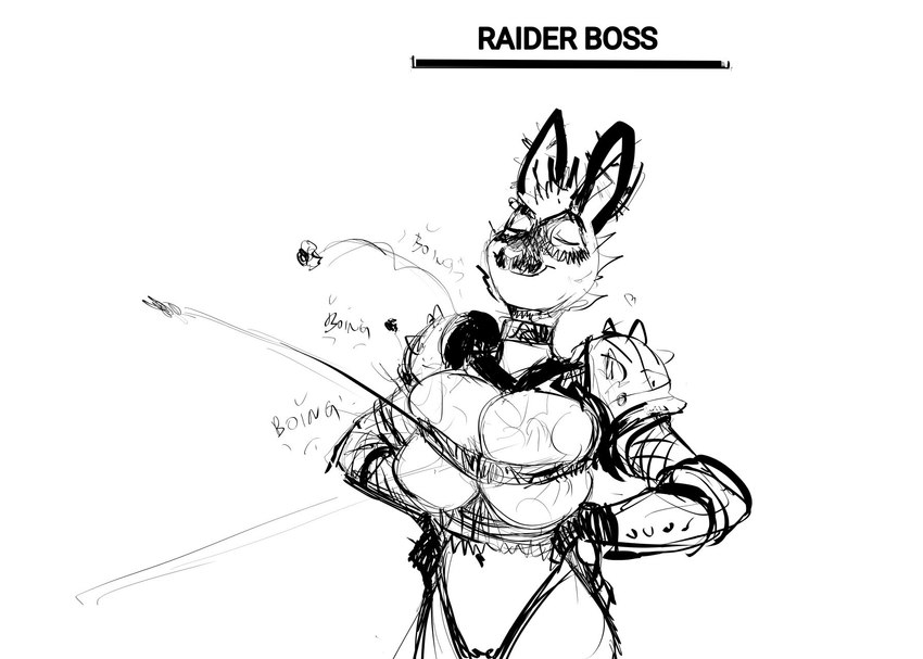 anthro big_breasts breasts bulging_breasts bullet female gameplay_mechanics gui health_bar humor smug solo hladilnik fallout microsoft janice_(hladilnik) raider_(fallout) lagomorph leporid mammal rabbit 2023 black_and_white hi_res monochrome sketch