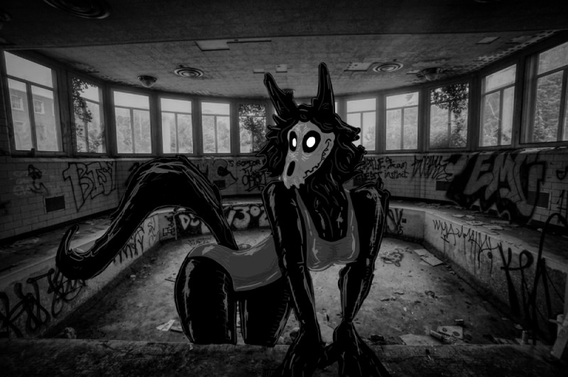 abandoned_building breasts clothing female glowing glowing_eyes graffiti one-piece_swimsuit smile solo swimwear dzemon scp_foundation scp-1471-a canid canine demon malo mammal monochrome