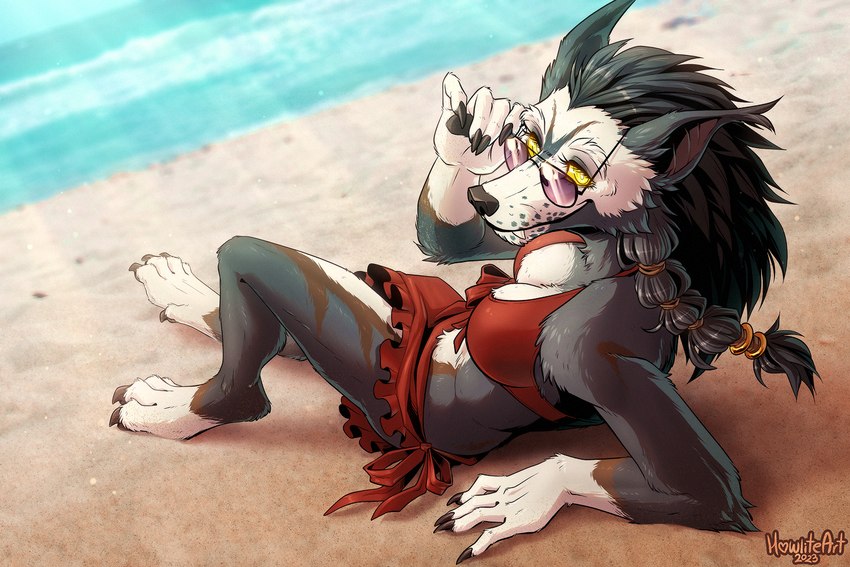 4_toes 5_fingers anthro barefoot beach bikini bikini_bottom bikini_top black_hair black_nose breasts claws cleavage clothed clothing digitigrade eyewear fangs feet female finger_claws fingers fur grey_body grey_fur hair hindpaw humanoid_hands looking_at_viewer multicolored_body multicolored_fur paws sand seaside smile solo sunglasses swimwear teeth toe_claws toes two-piece_swimsuit two_tone_body two_tone_fur white_body white_fur yellow_eyes howlite blizzard_entertainment warcraft canid mammal werecanid werecreature worgen 2023 3:2 signature