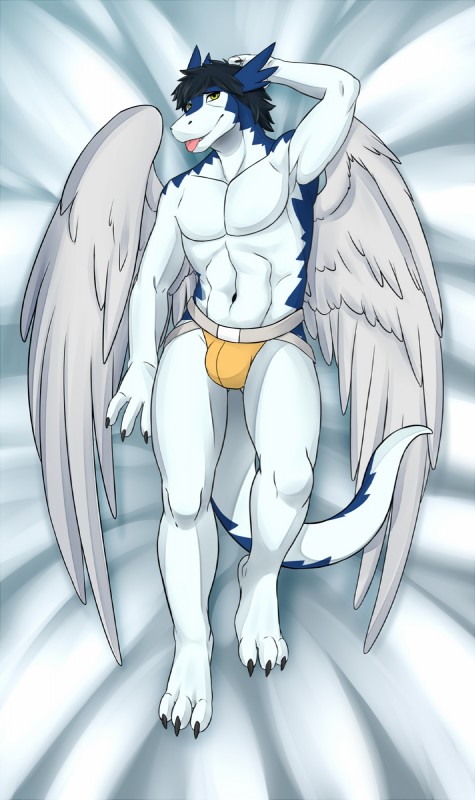 anthro black_hair bulge clothed clothing dakimakura feathered_wings feathers hair jockstrap male solo tail topless underwear white_body wings nameless00 winddragon mythology clei dragon feathered_dragon feathered_scalie mythological_creature mythological_scalie scalie windragon dakimakura_design hi_res