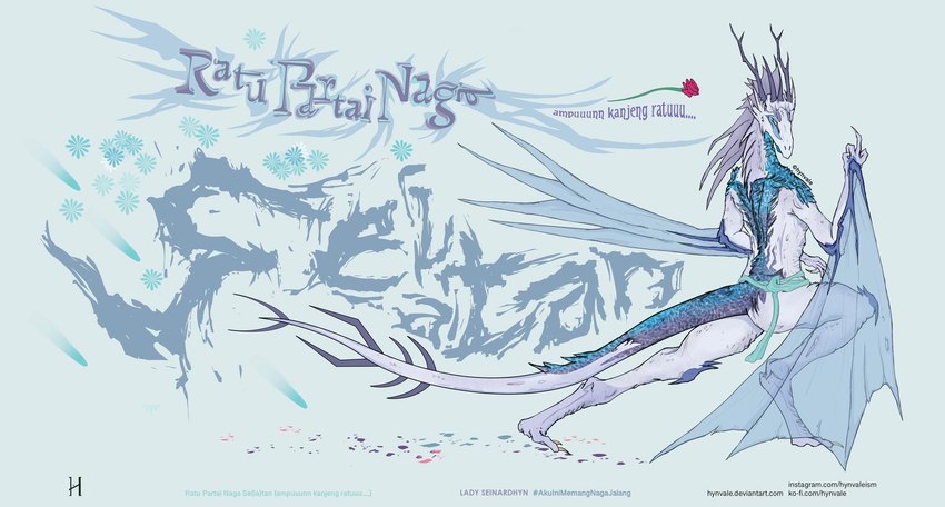 anthro blue_eyes crystal female horn iridescent iridescent_scales pose purple_body solo spikes tail translucent translucent_wings typography wings hynvale european_mythology mythology lady_seinardhyn dragon mythological_creature mythological_scalie scalie western_dragon wyvern hi_res pinup