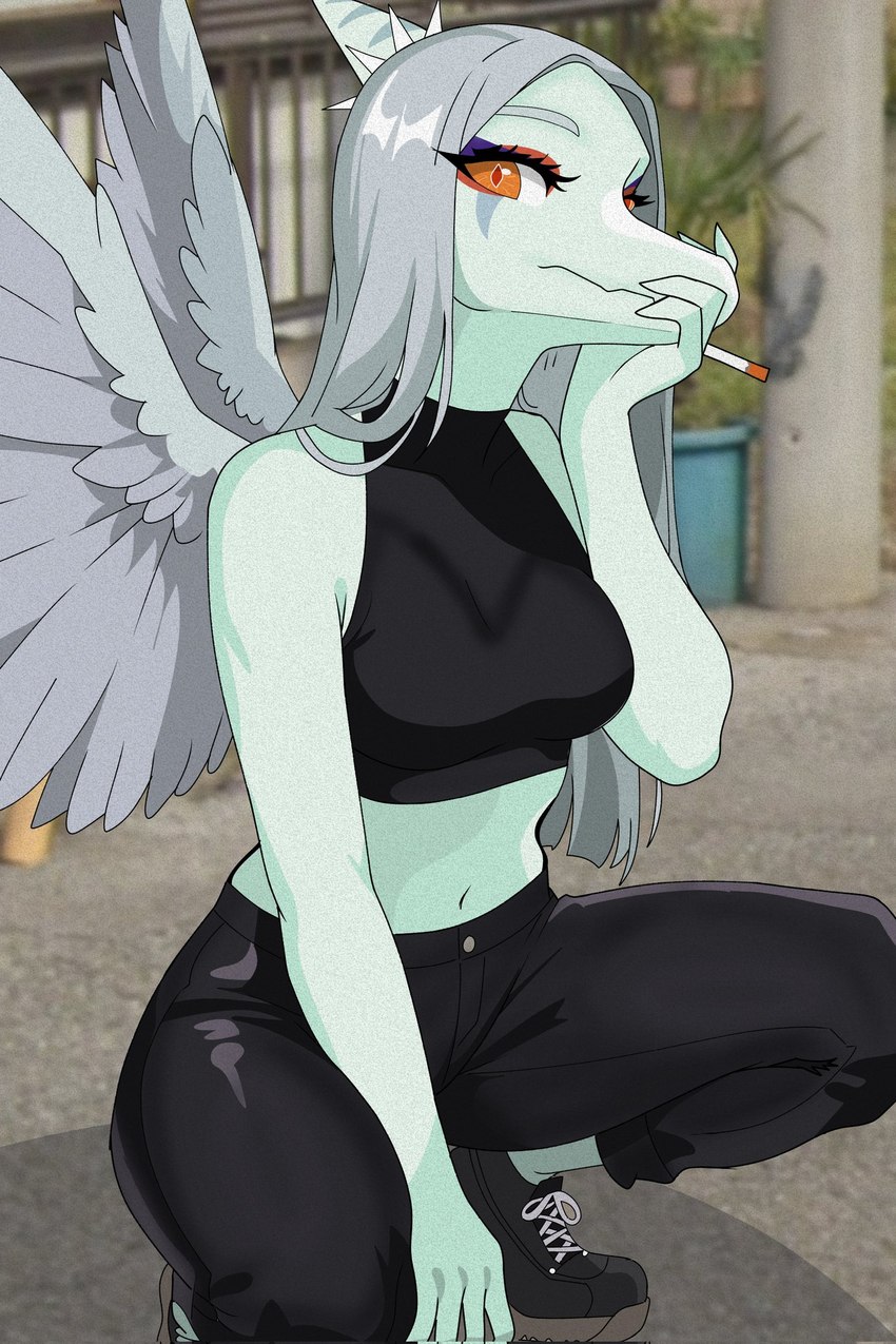 anthro back_wings biped black_bottomwear black_clothing black_crop_top black_pants black_shirt black_topwear blue_body blue_scales bottomwear breasts cigarette cigarette_in_mouth clothed clothing crop_top crouching detailed_background eyebrows eyeliner feathered_wings feathers female footwear grey_body grey_feathers grey_hair hair humanoid_hands long_hair looking_at_viewer makeup markings midriff mouth_closed navel non-mammal_breasts object_in_mouth orange_eyes outside pants plant scales shadow shirt shoes side_view smoking solo striped_markings stripes topwear wings raitosense cavemanon_studios goodbye_volcano_high snoot_game fang_(gvh) prehistoric_species pterodactylus pterosaur reptile scalie 2024 colored hi_res shaded nonbinary_(lore)