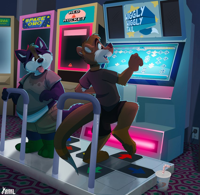 anthro arcade arcade_machine bodily_fluids dancing directional_arrow duo fur male multicolored_body multicolored_fur overweight overweight_male smile sweat tired tongue tongue_out young young_anthro young_male koidelcoyote kazan_(kazan.k) steffen_(kazan.k) canid canine canis mammal mustelid otter wolf hi_res