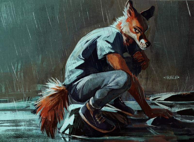 anthro biped black_eyes clothed clothing crouching footwear fully_clothed fur looking_back male orange_body orange_fur outside raining river rock shoes side_view solo white_body white_fur hriscia canid canine fox mammal red_fox true_fox 2018 digital_media_(artwork) digital_painting_(artwork) full-length_portrait painting_(artwork) portrait